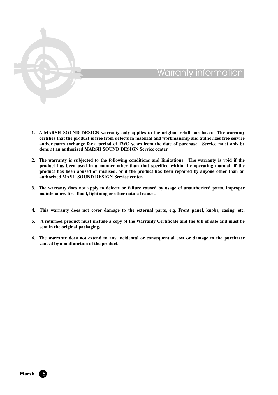 Warranty information | Marsh Sound Design P2000-B High Performance Line Amplifier User Manual | Page 16 / 20
