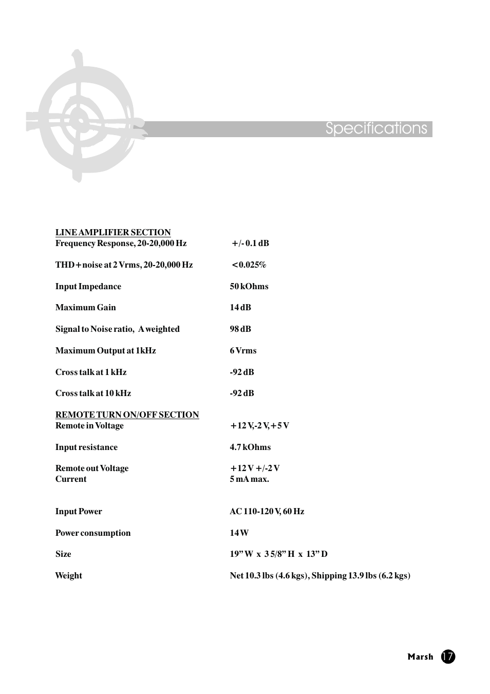 Specifications | Marsh Sound Design P2000-B High Performance Line Amplifier User Manual | Page 17 / 20