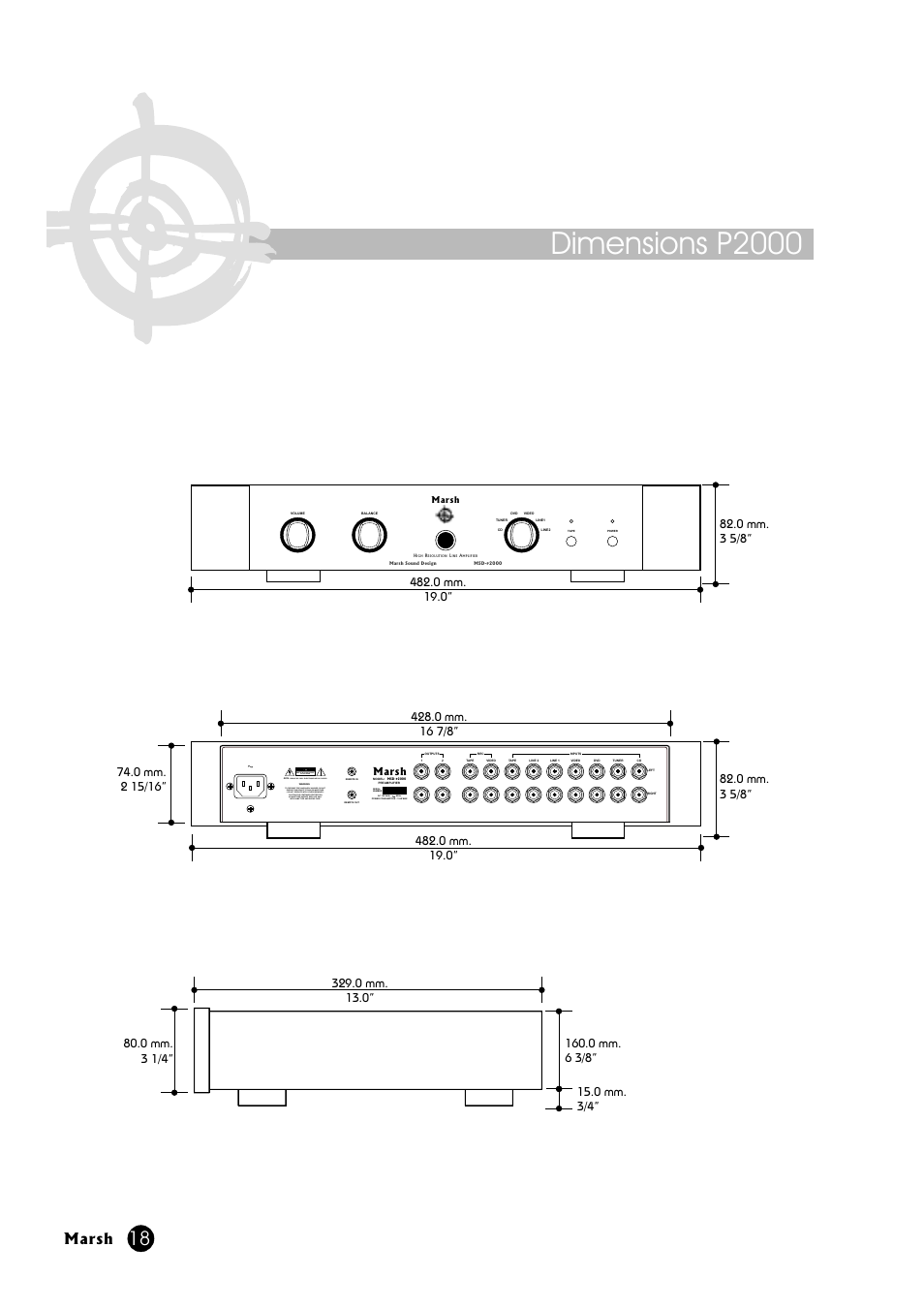 Dimensions p2000, Marsh, Risque de choc electrique-ne pas ouvrir | Marsh Sound Design P2000-B High Performance Line Amplifier User Manual | Page 18 / 20