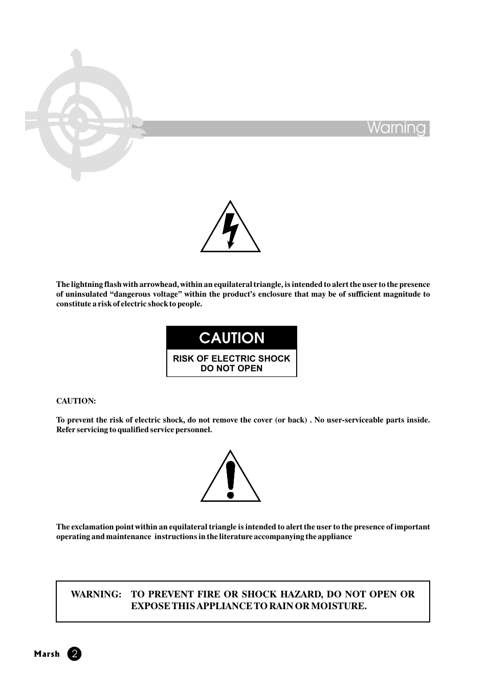 Warning | Marsh Sound Design P2000-B High Performance Line Amplifier User Manual | Page 2 / 20