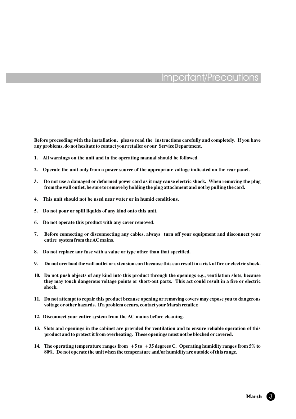 Important/precautions | Marsh Sound Design P2000-B High Performance Line Amplifier User Manual | Page 3 / 20