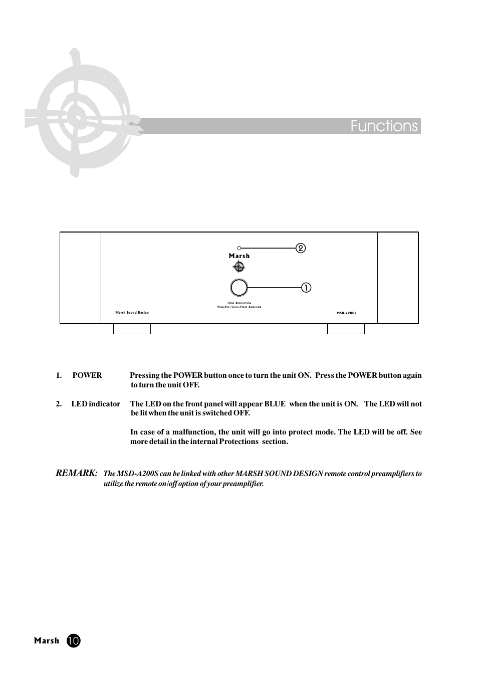 Functions, Remark, Marsh | Marsh Sound Design A-200 Stereo Power Amplifier User Manual | Page 10 / 20