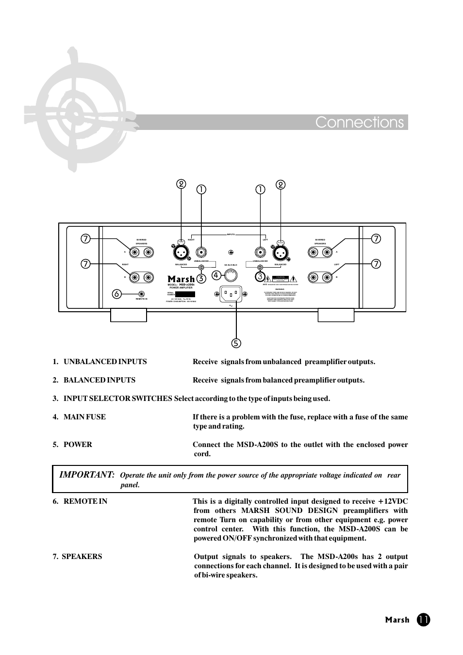 Connections, Important, Marsh | Marsh Sound Design A-200 Stereo Power Amplifier User Manual | Page 11 / 20