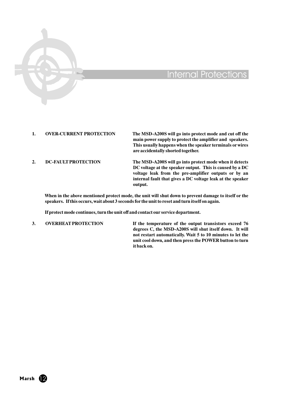 Internal protections | Marsh Sound Design A-200 Stereo Power Amplifier User Manual | Page 12 / 20