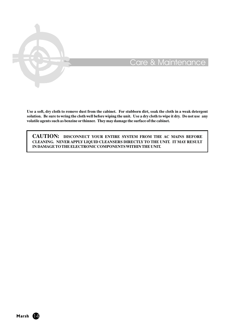 Care & maintenance, Caution | Marsh Sound Design A-200 Stereo Power Amplifier User Manual | Page 14 / 20