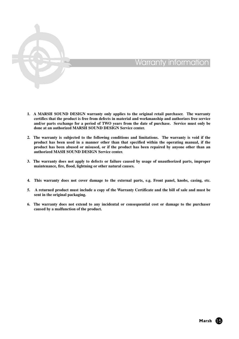 Warranty information | Marsh Sound Design A-200 Stereo Power Amplifier User Manual | Page 15 / 20