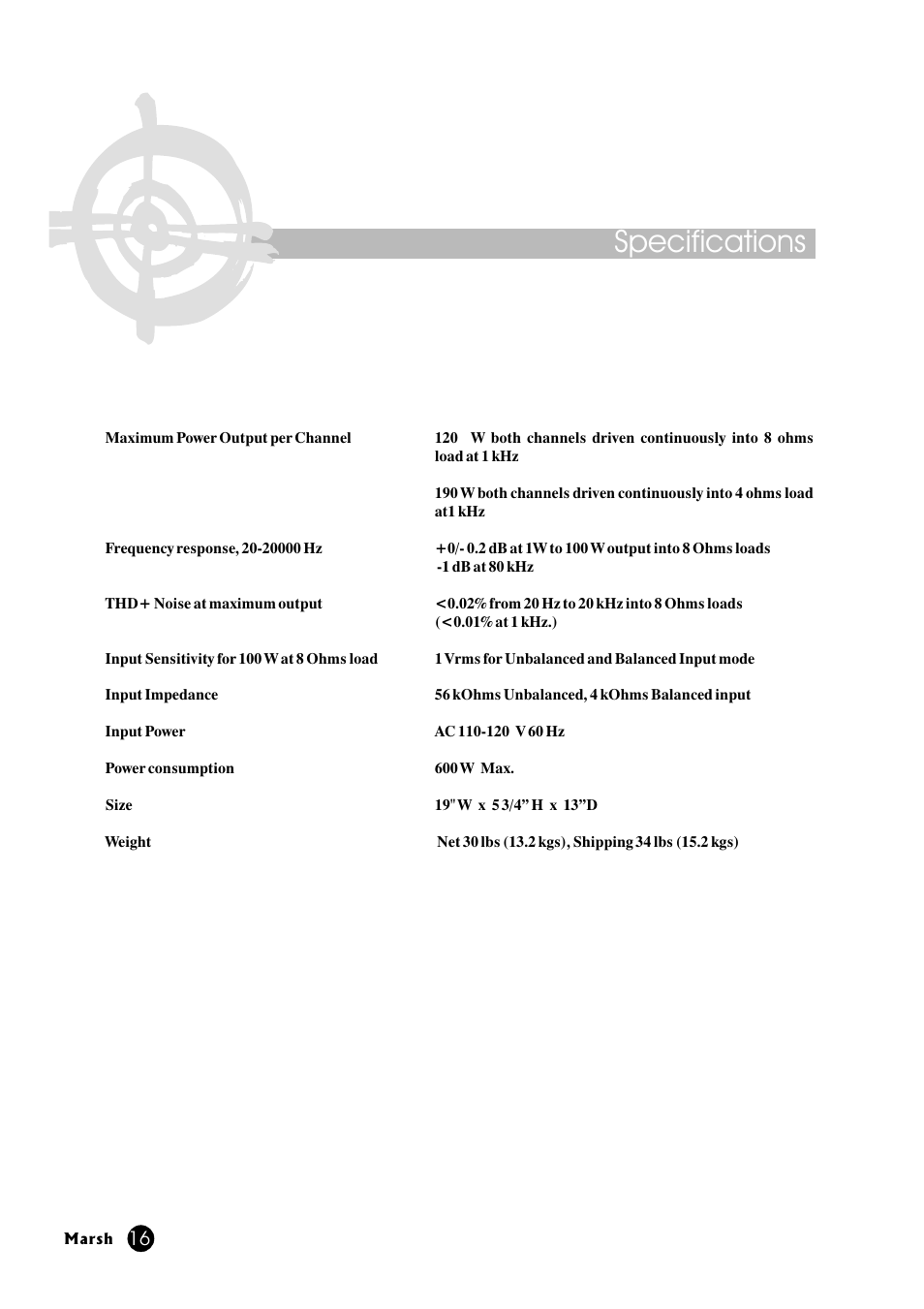Specifications | Marsh Sound Design A-200 Stereo Power Amplifier User Manual | Page 16 / 20