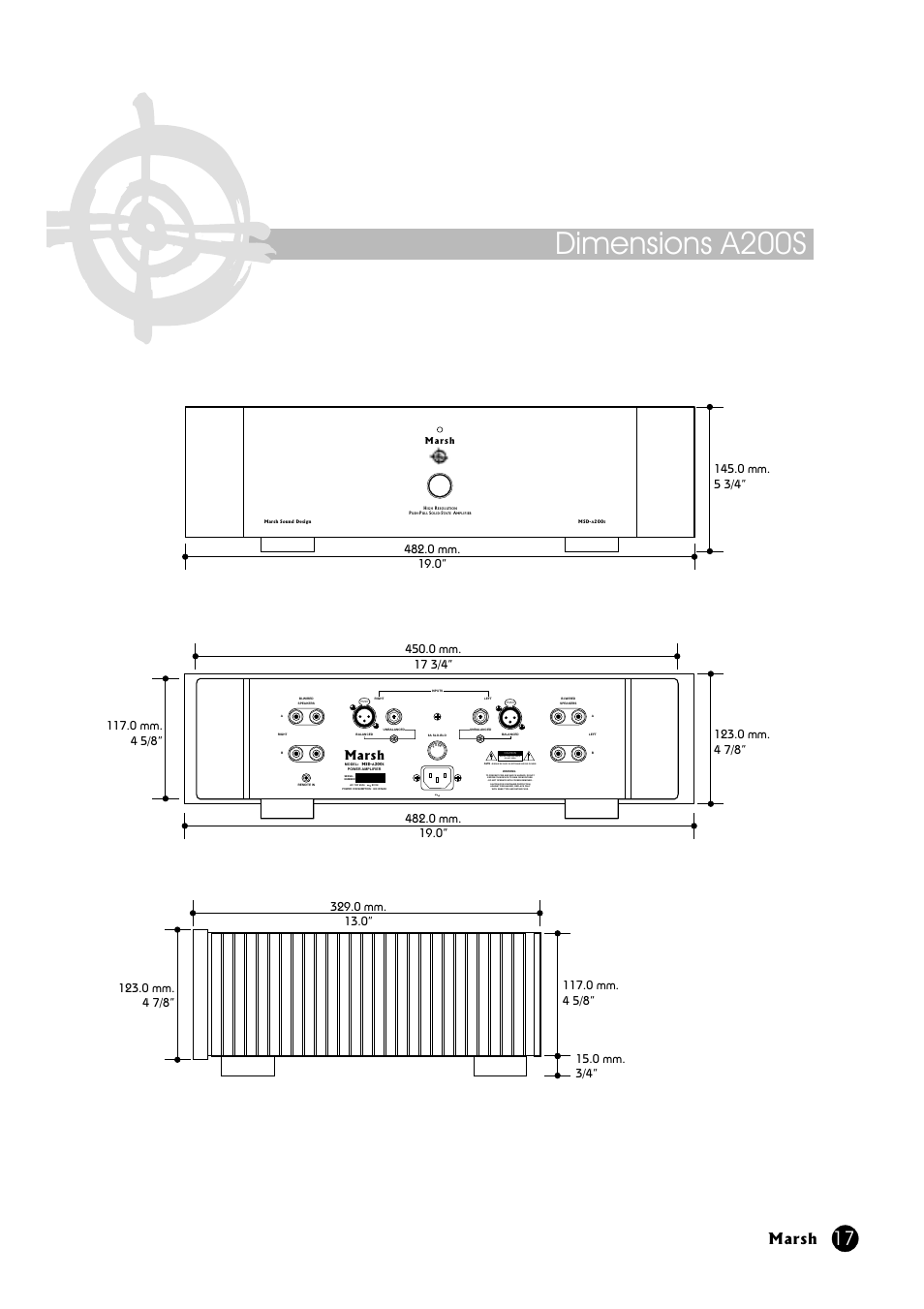 Dimensions a200s, Marsh, Risk of electric shock do not open | Risque de choc electrique-ne pas ouvrir | Marsh Sound Design A-200 Stereo Power Amplifier User Manual | Page 17 / 20