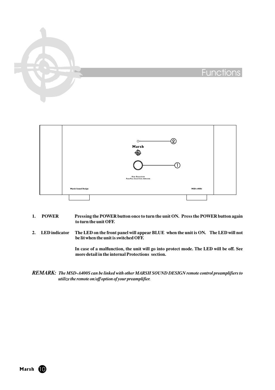 Functions, Remark, Marsh | Marsh Sound Design A-400 Stereo Power Amplifier User Manual | Page 10 / 20