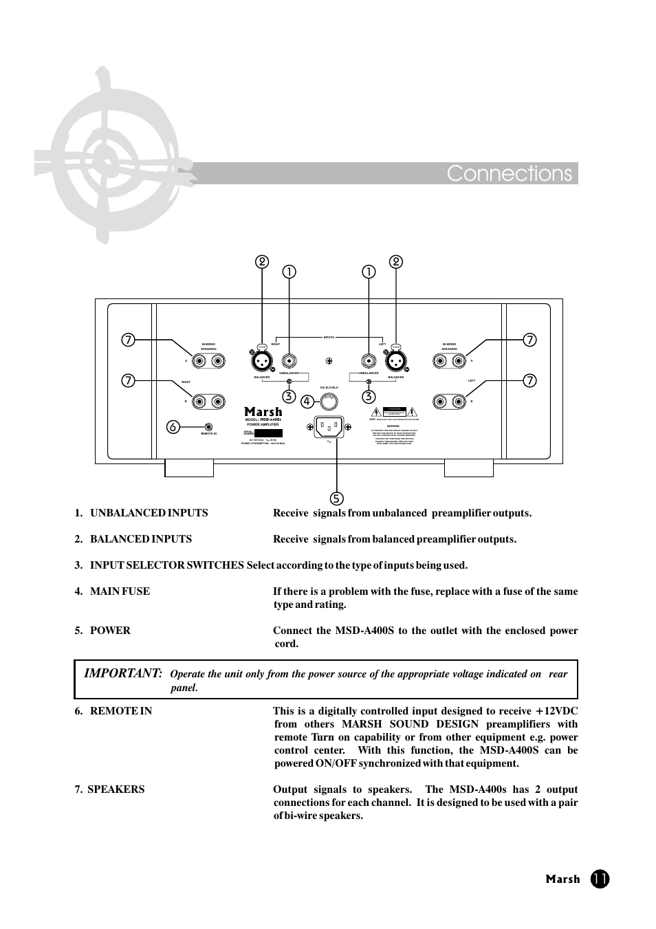 Connections, Important, Marsh | Marsh Sound Design A-400 Stereo Power Amplifier User Manual | Page 11 / 20