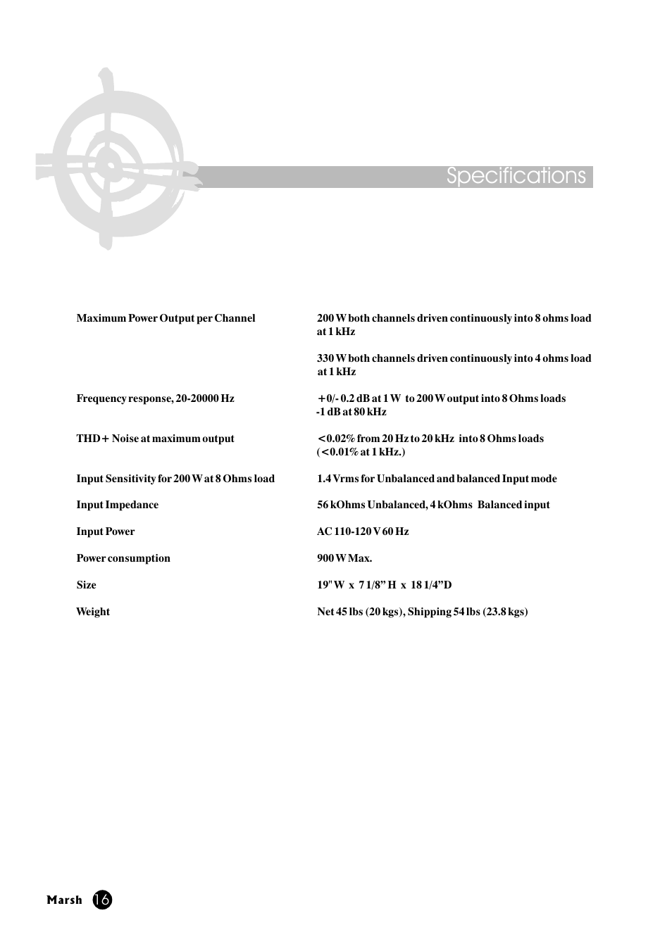 Specifications | Marsh Sound Design A-400 Stereo Power Amplifier User Manual | Page 16 / 20