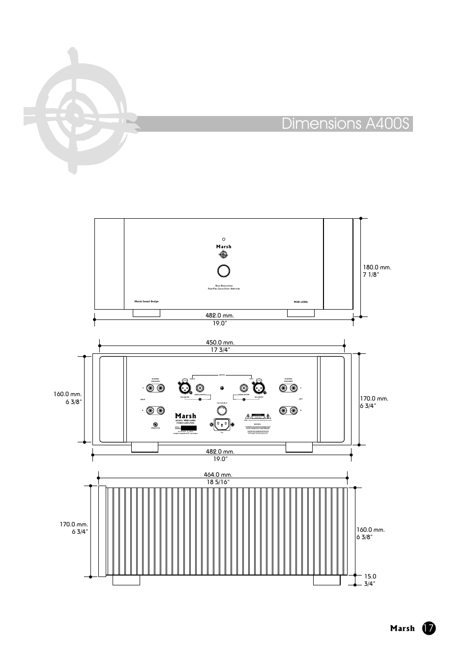 Dimensions a400s, Marsh, Risk of electric shock do not open | Marsh Sound Design A-400 Stereo Power Amplifier User Manual | Page 17 / 20