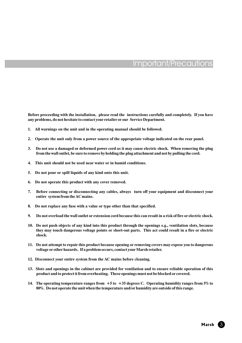 Important/precautions | Marsh Sound Design A-400 Stereo Power Amplifier User Manual | Page 3 / 20