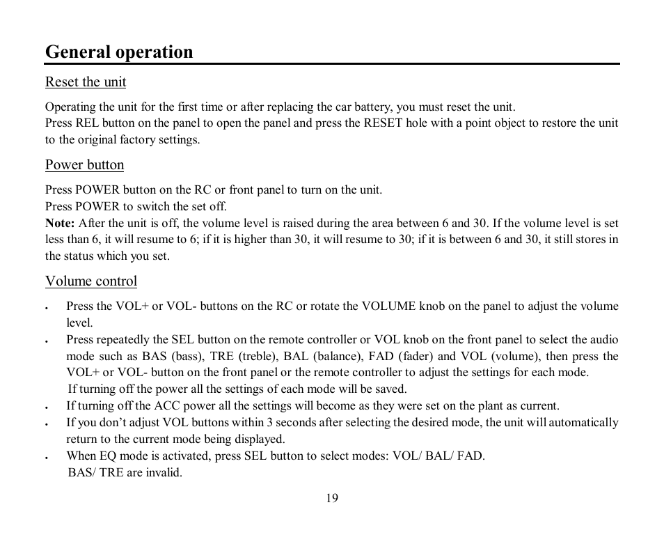 General operation, Reset the unit, Power button | Volume control | Hyundai H-CMD7084 User Manual | Page 19 / 83