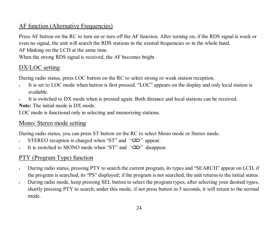Af function (alternative frequencies), Dx/loc setting, Mono/ stereo mode setting | Pty (program type) function | Hyundai H-CMD7084 User Manual | Page 24 / 83