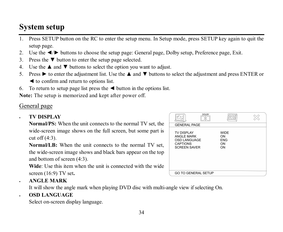 System setup, General page | Hyundai H-CMD7084 User Manual | Page 34 / 83