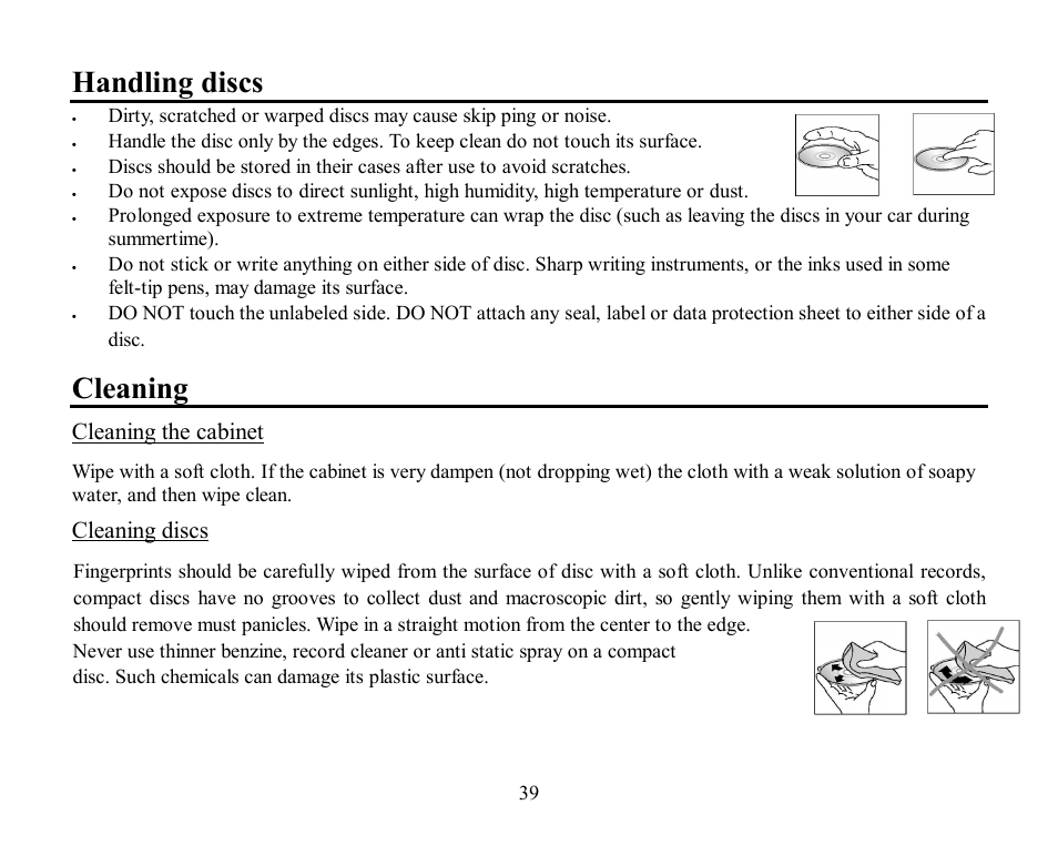 Handling discs, Cleaning, Cleaning the cabinet | Cleaning discs | Hyundai H-CMD7084 User Manual | Page 39 / 83