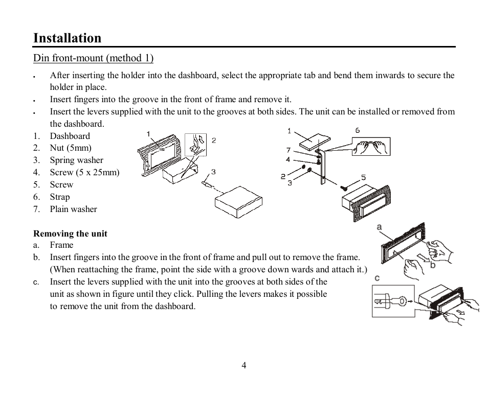 Installation, Din front-mount (method 1) | Hyundai H-CMD7084 User Manual | Page 4 / 83