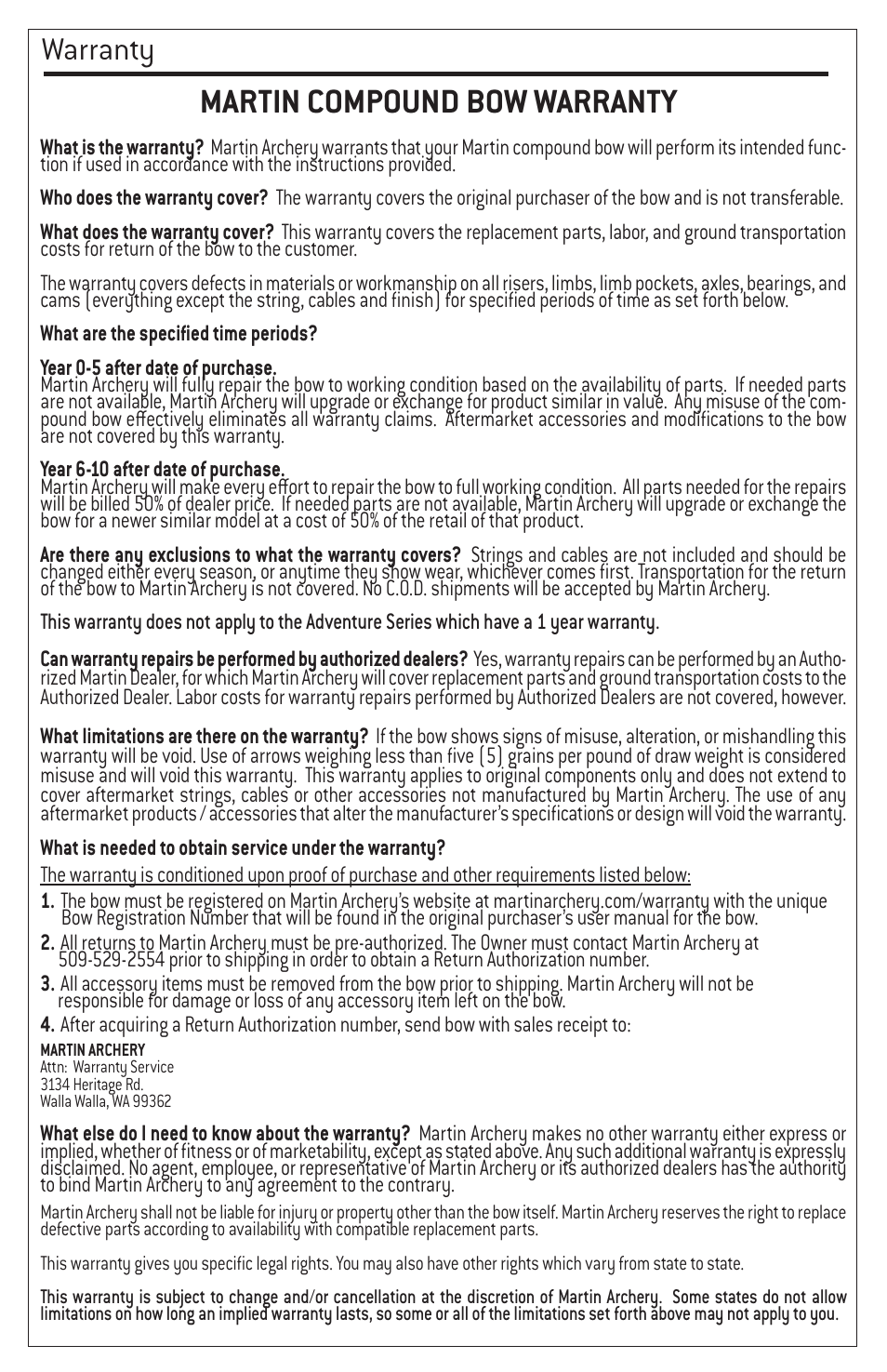 Martin compound bow warranty, Warranty | Martin Archery Compound Bow User Manual | Page 10 / 10
