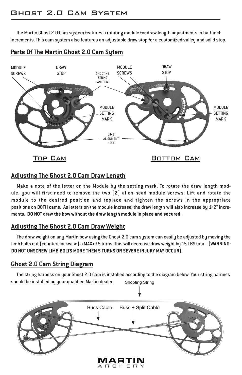 Top cam bottom cam, Ghost 2.0 cam system, Parts of the martin ghost 2.0 cam sytem | Ghost 2.0 cam string diagram, Adjusting the ghost 2.0 cam draw length, Adjusting the ghost 2.0 cam draw weight | Martin Archery Compound Bow User Manual | Page 5 / 10