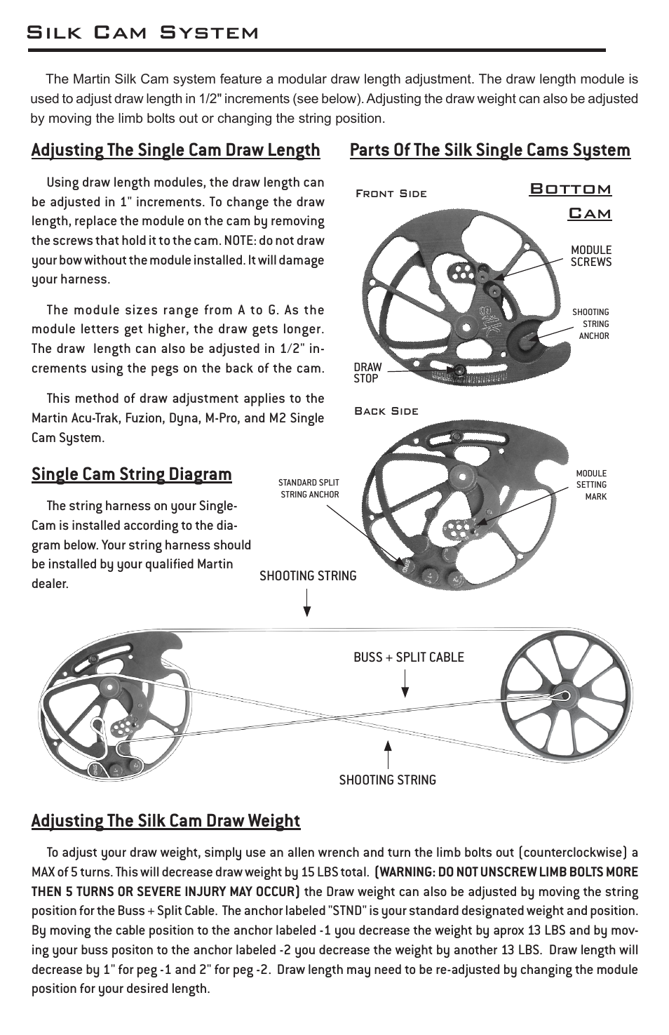 Silk cam system, Adjusting the silk cam draw weight, Adjusting the single cam draw length | Bottom cam single cam string diagram, Parts of the silk single cams system | Martin Archery Compound Bow User Manual | Page 6 / 10