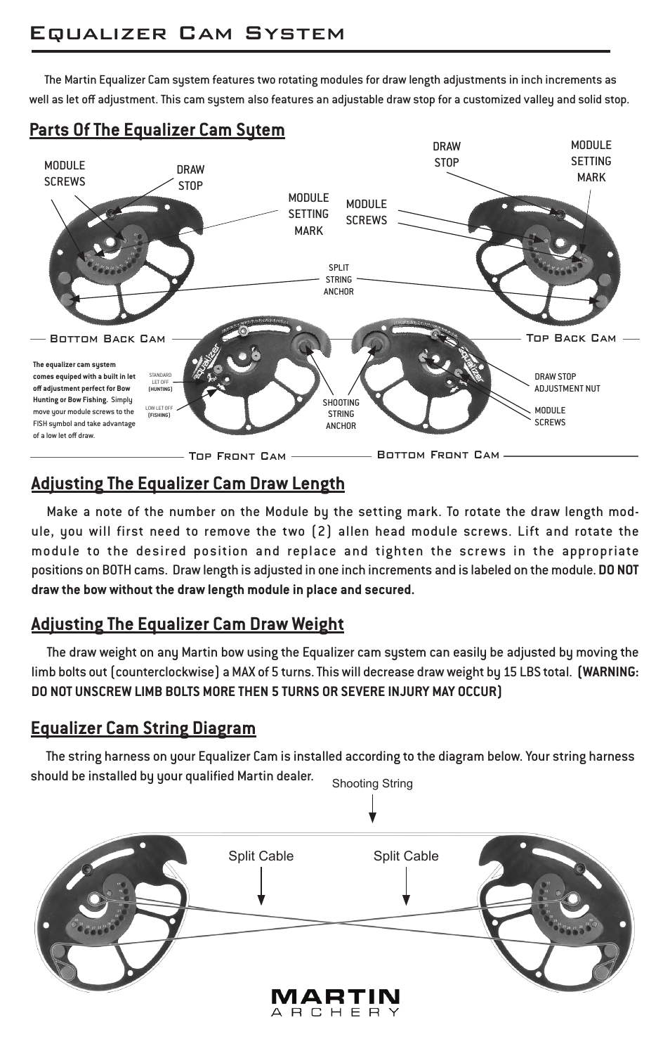 Equalizer cam system, Parts of the equalizer cam sytem, Equalizer cam string diagram | Adjusting the equalizer cam draw length, Adjusting the equalizer cam draw weight | Martin Archery Compound Bow User Manual | Page 7 / 10