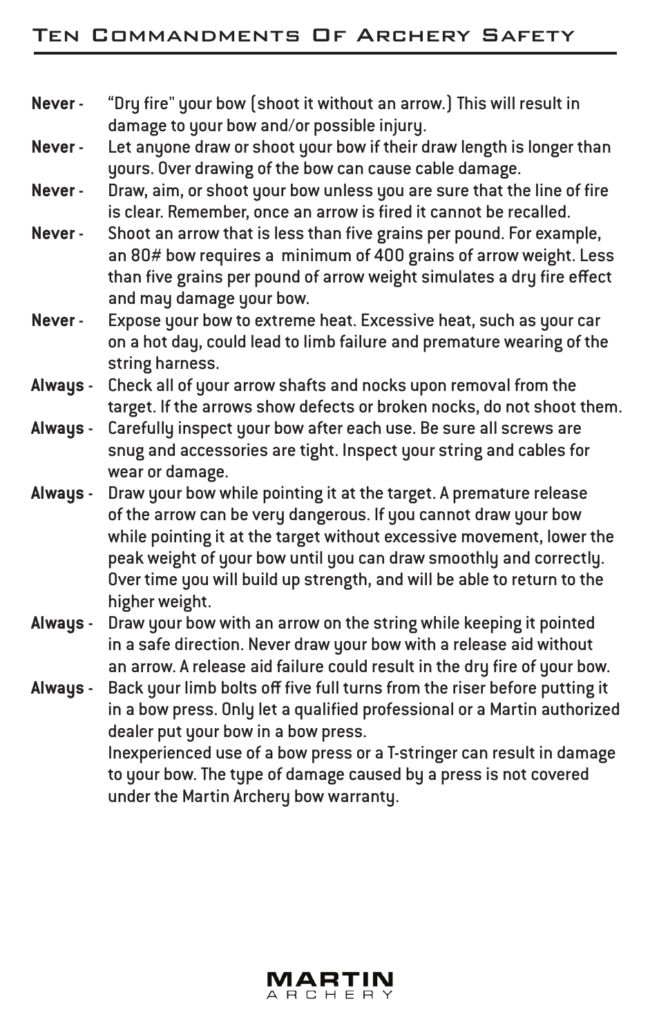Ten commandments of archery safety | Martin Archery Compound Bow User Manual | Page 9 / 10
