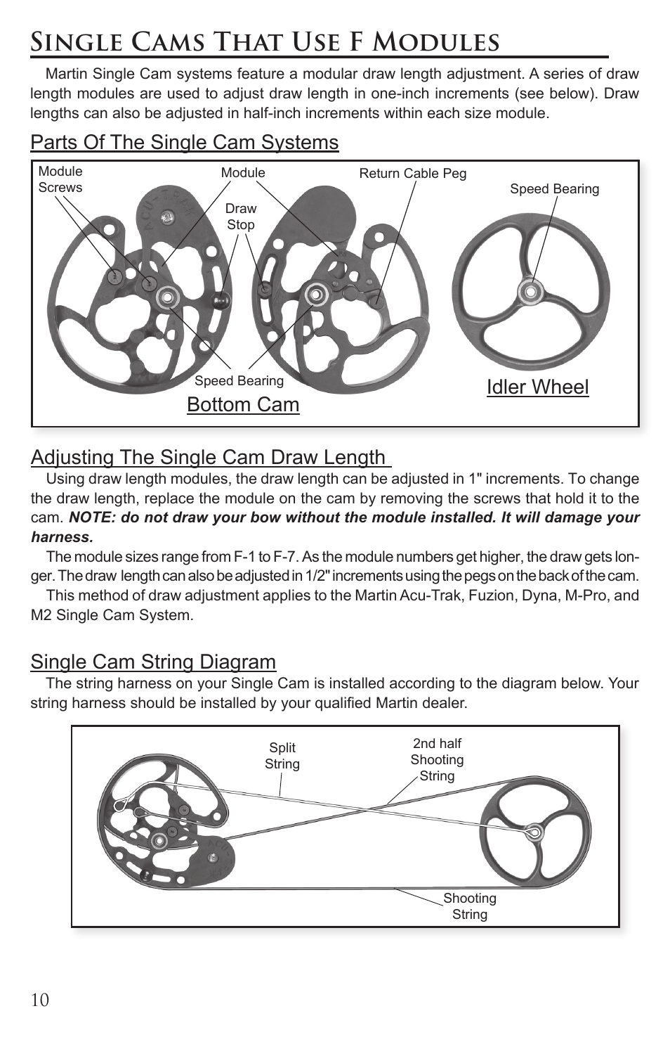 Single cams that use f modules, Parts of the single cam systems, Adjusting the single cam draw length | Bottom cam idler wheel single cam string diagram | Martin Archery Martin Compound User Manual | Page 10 / 16