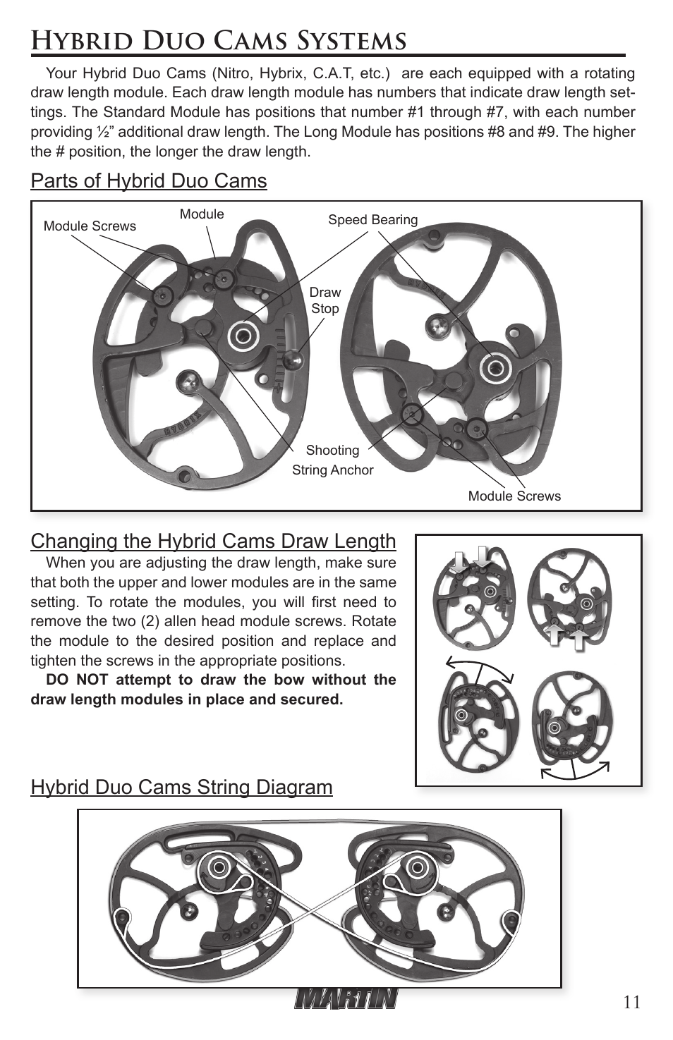 Hybrid duo cams systems, Parts of hybrid duo cams, Changing the hybrid cams draw length | Hybrid duo cams string diagram | Martin Archery Martin Compound User Manual | Page 11 / 16