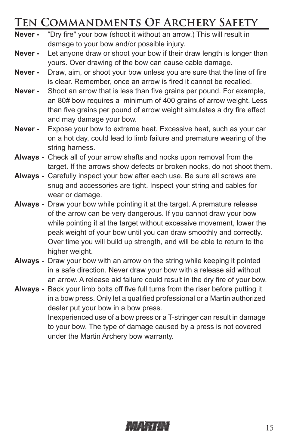 Ten commandments of archery safety | Martin Archery Martin Compound User Manual | Page 15 / 16