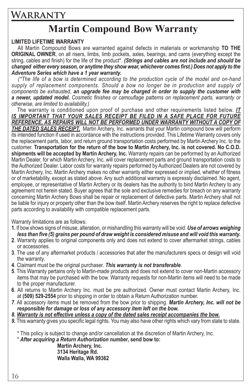 Martin compound bow warranty, Warranty | Martin Archery Martin Compound User Manual | Page 16 / 16