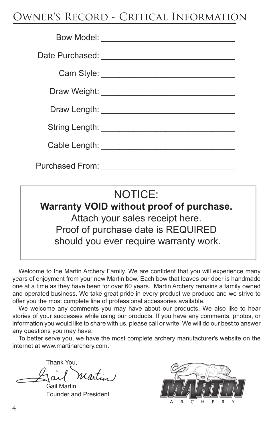 Notice, Owner's record - critical information | Martin Archery Martin Compound User Manual | Page 4 / 16