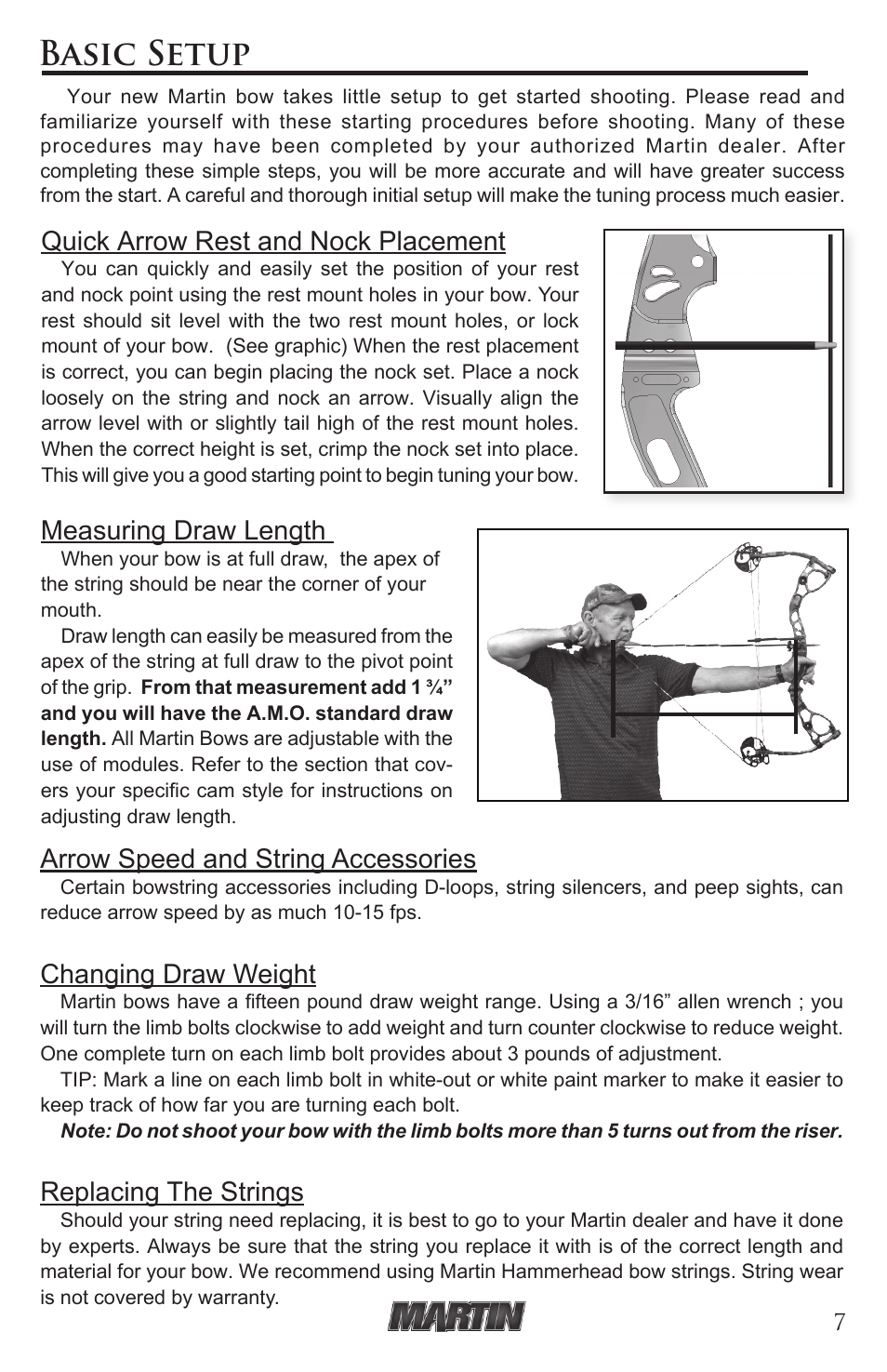 Basic setup, Quick arrow rest and nock placement, Measuring draw length | Arrow speed and string accessories, Changing draw weight, Replacing the strings | Martin Archery Martin Compound User Manual | Page 7 / 16