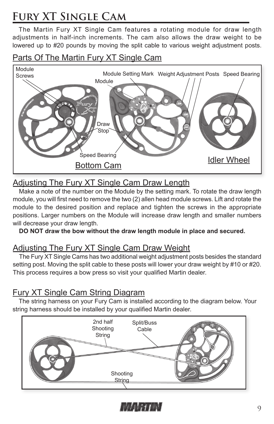 Fury xt single cam, Parts of the martin fury xt single cam, Adjusting the fury xt single cam draw length | Adjusting the fury xt single cam draw weight | Martin Archery Martin Compound User Manual | Page 9 / 16