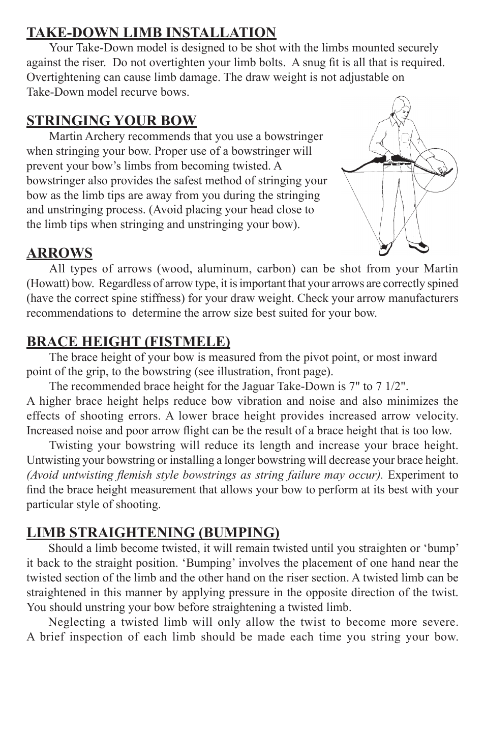 Take-down limb installation, Stringing your bow, Arrows | Brace height (fistmele), Limb straightening (bumping) | Martin Archery Jaguar Take User Manual | Page 2 / 4