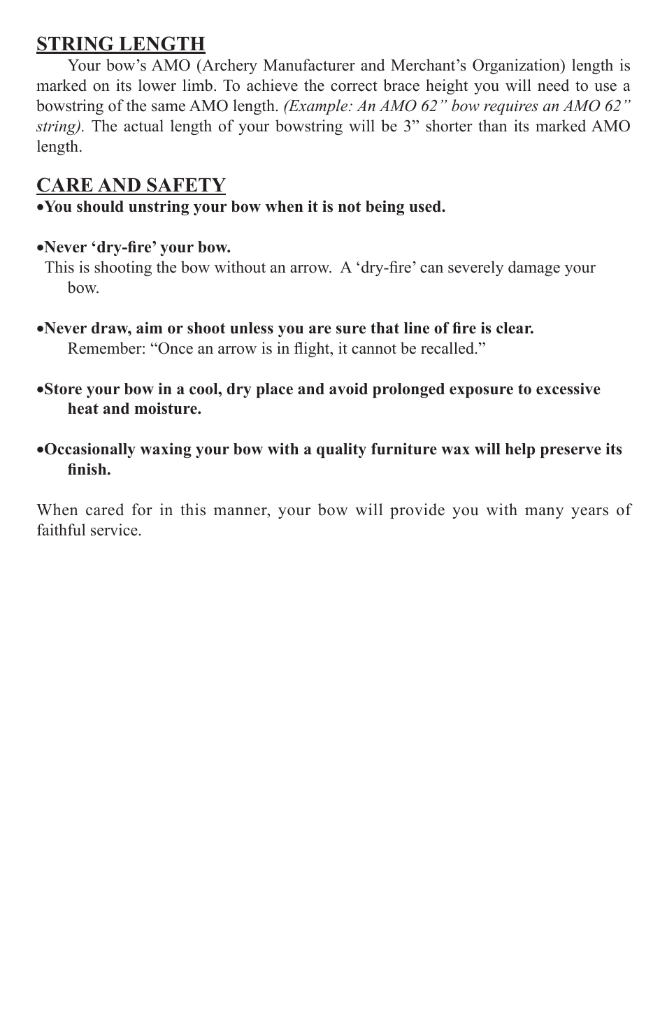 String length, Care and safety | Martin Archery Jaguar Take User Manual | Page 3 / 4