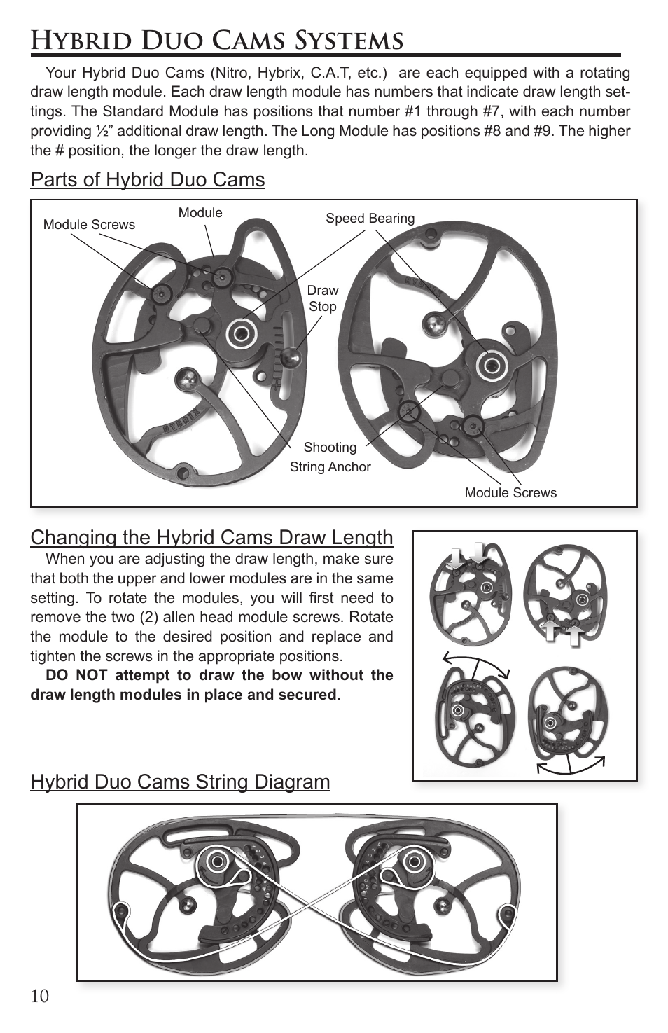 Hybrid duo cams systems, Parts of hybrid duo cams, Changing the hybrid cams draw length | Hybrid duo cams string diagram | Martin Archery Martin Compound User Manual | Page 10 / 21