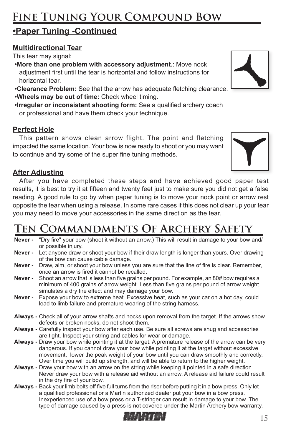 Fine tuning your compound bow, Ten commandments of archery safety, Paper tuning -continued | Multidirectional tear, Perfect hole, After adjusting | Martin Archery Martin Compound User Manual | Page 15 / 21