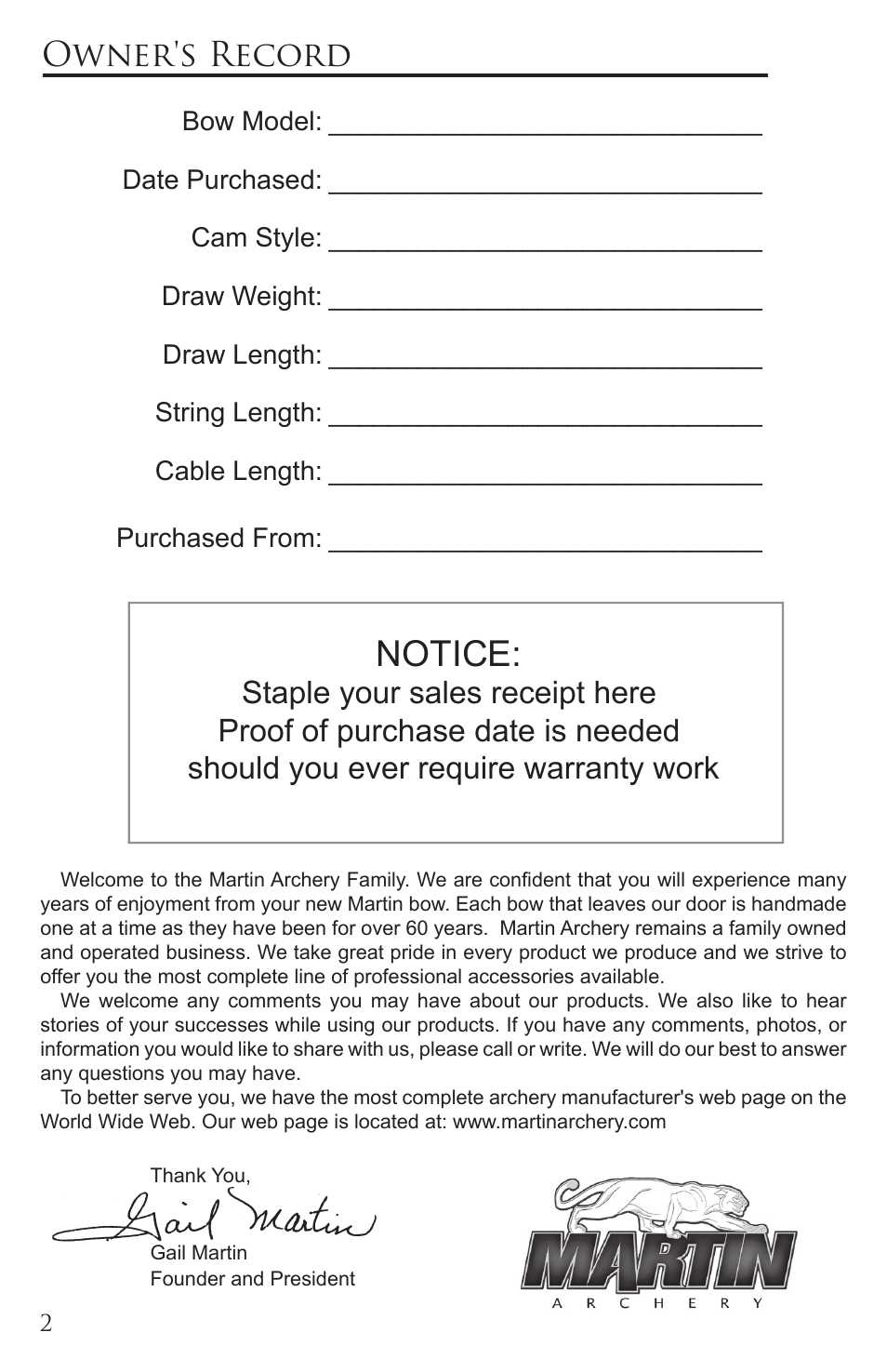 Notice, Owner's record | Martin Archery Martin Compound User Manual | Page 2 / 21