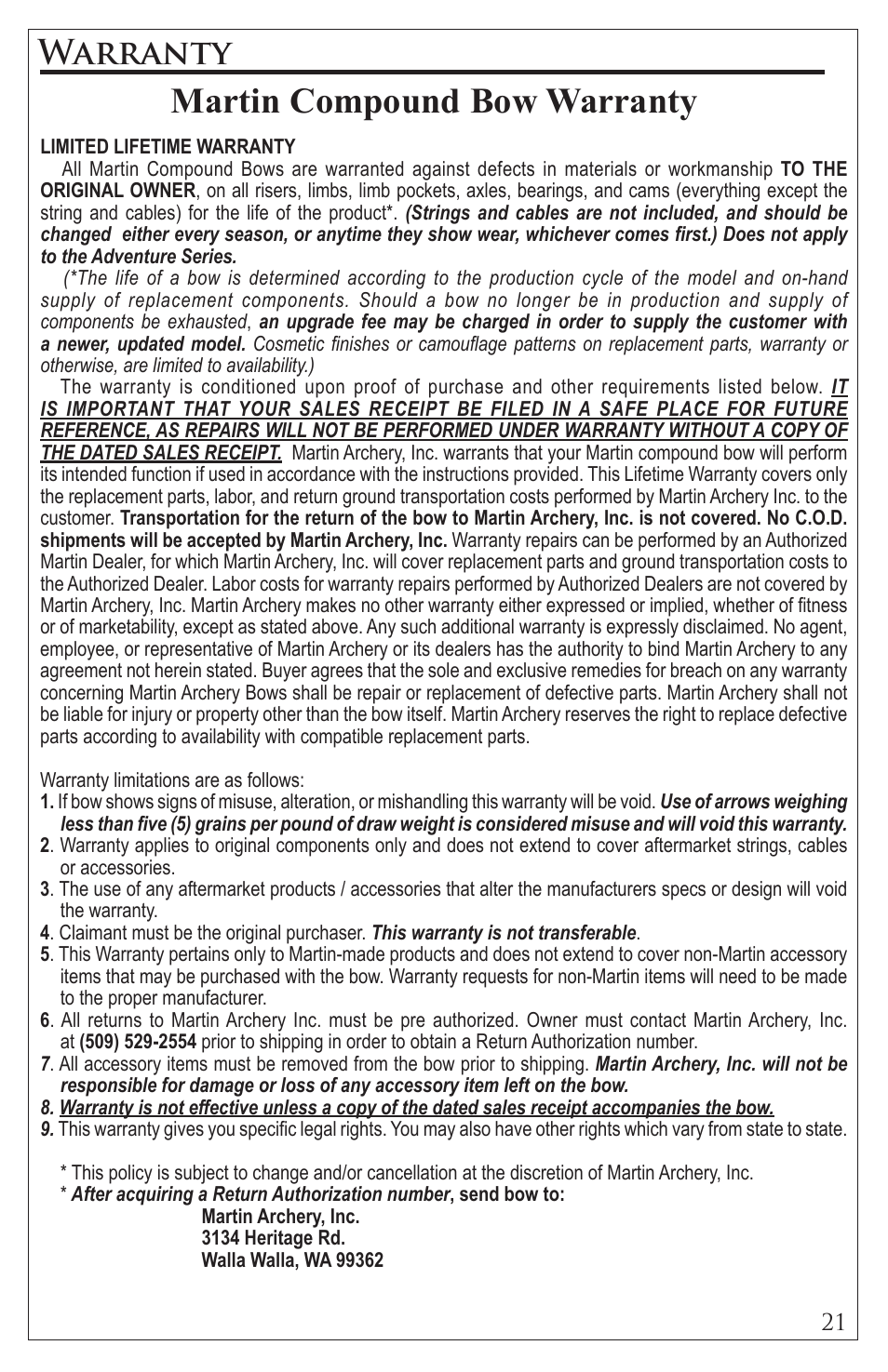 Martin compound bow warranty, Warranty | Martin Archery Martin Compound User Manual | Page 21 / 21