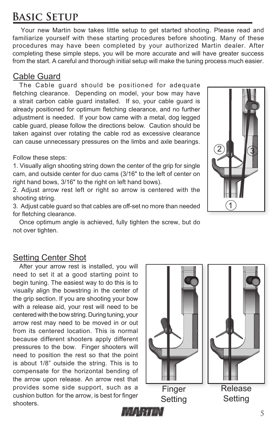 Basic setup, Finger setting release setting, Cable guard | Setting center shot | Martin Archery Martin Compound User Manual | Page 5 / 21