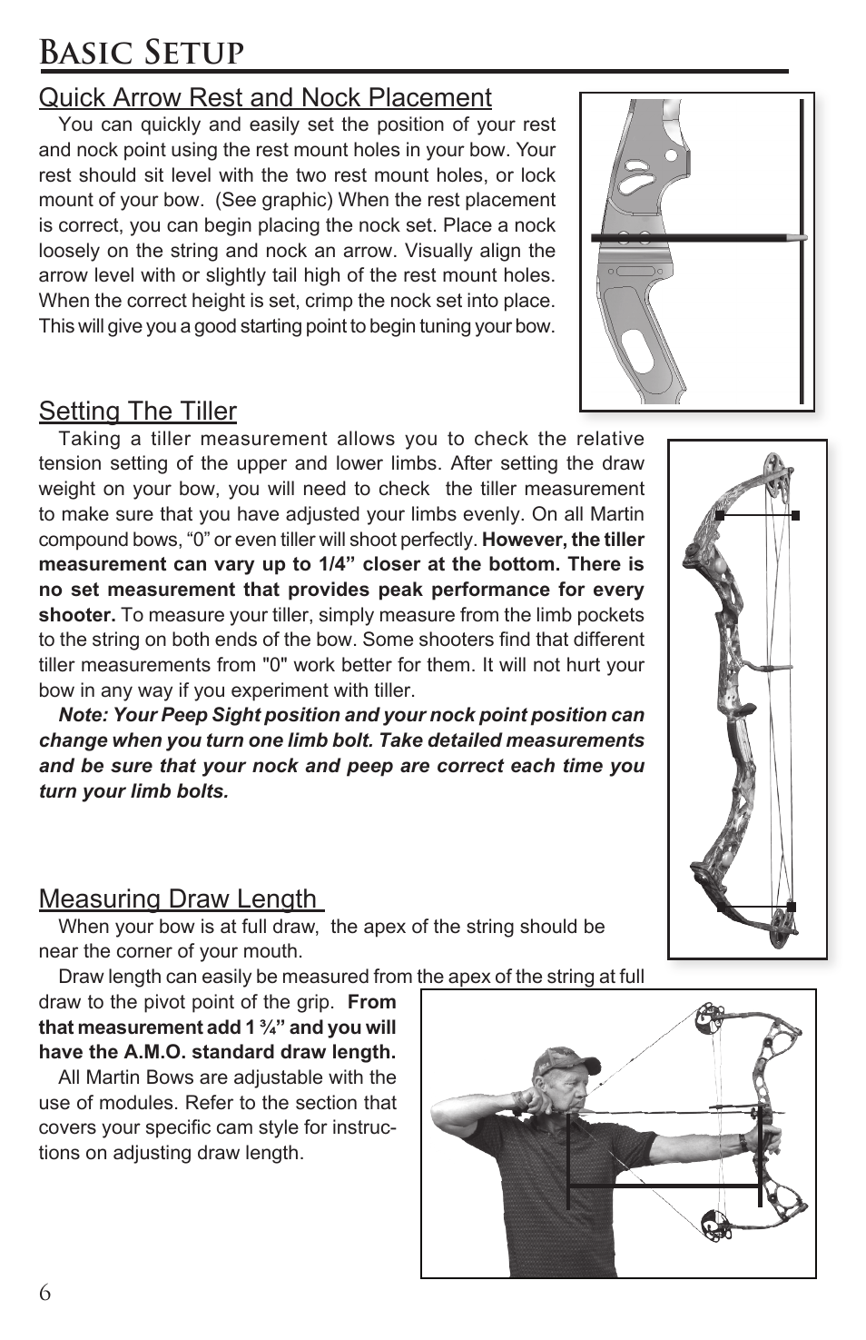 Basic setup, Quick arrow rest and nock placement, Setting the tiller | Measuring draw length | Martin Archery Martin Compound User Manual | Page 6 / 21