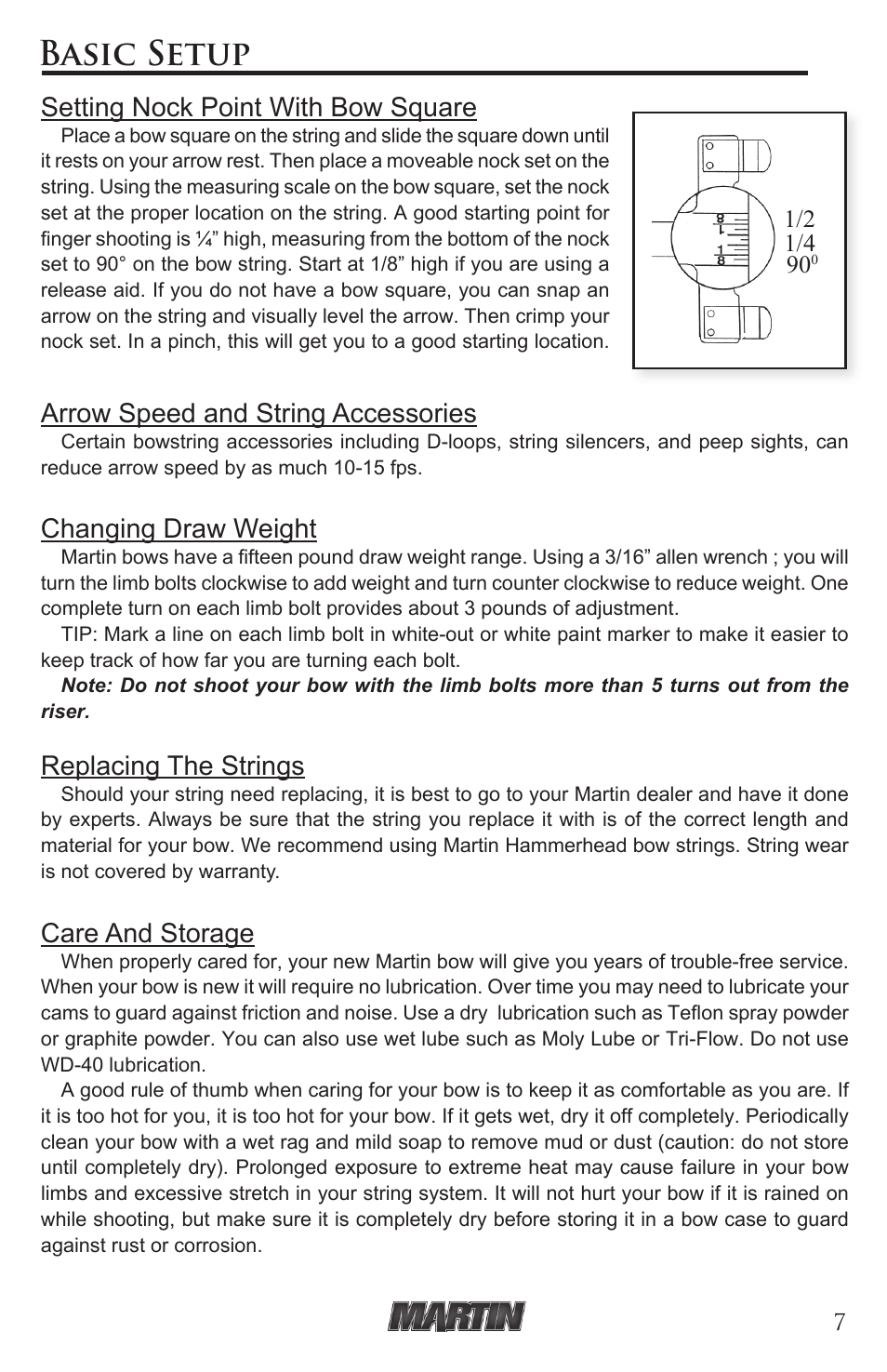 Basic setup, Setting nock point with bow square, Arrow speed and string accessories | Changing draw weight, Replacing the strings, Care and storage | Martin Archery Martin Compound User Manual | Page 7 / 21