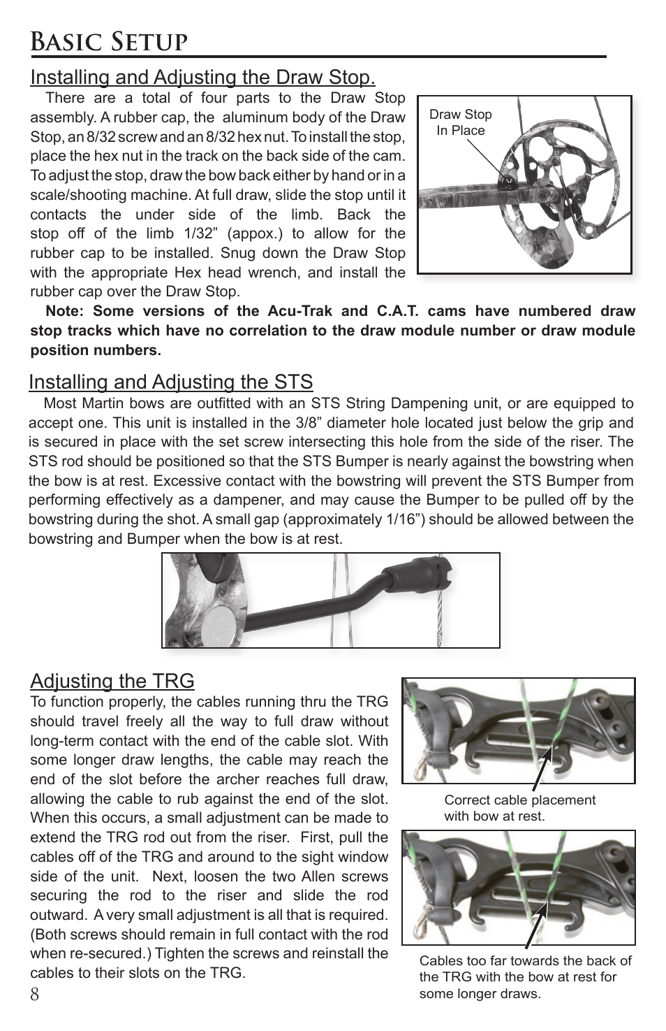 Basic setup, Adjusting the trg, Installing and adjusting the draw stop | Installing and adjusting the sts | Martin Archery Martin Compound User Manual | Page 8 / 21