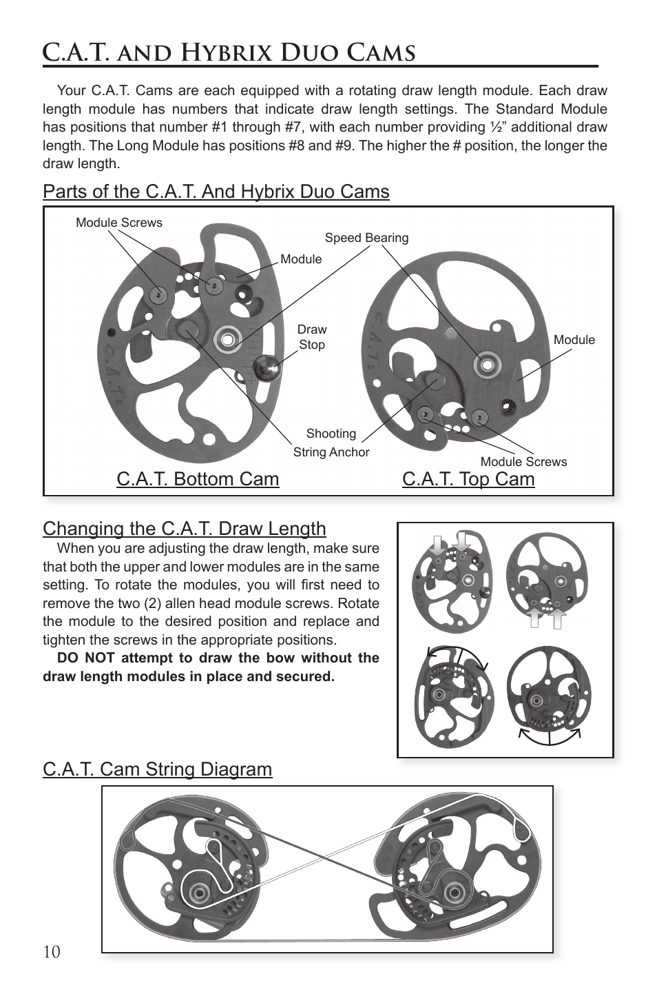 C.a.t. and hybrix duo cams, Parts of the c.a.t. and hybrix duo cams, Changing the c.a.t. draw length | C.a.t. cam string diagram, C.a.t. bottom cam c.a.t. top cam | Martin Archery Martin Compound Bow User Manual | Page 10 / 20