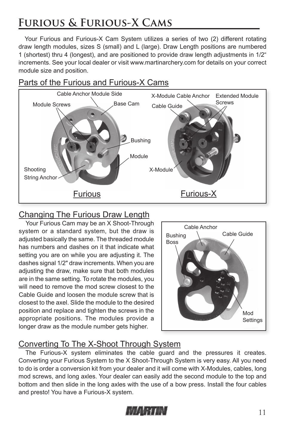 Furious & furious-x cams, Changing the furious draw length, Furious-x furious | Martin Archery Martin Compound Bow User Manual | Page 11 / 20