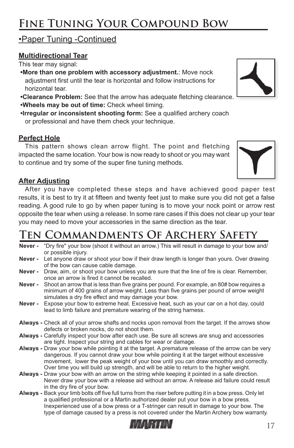 Fine tuning your compound bow, Ten commandments of archery safety, Paper tuning -continued | Multidirectional tear, Perfect hole, After adjusting | Martin Archery Martin Compound Bow User Manual | Page 17 / 20