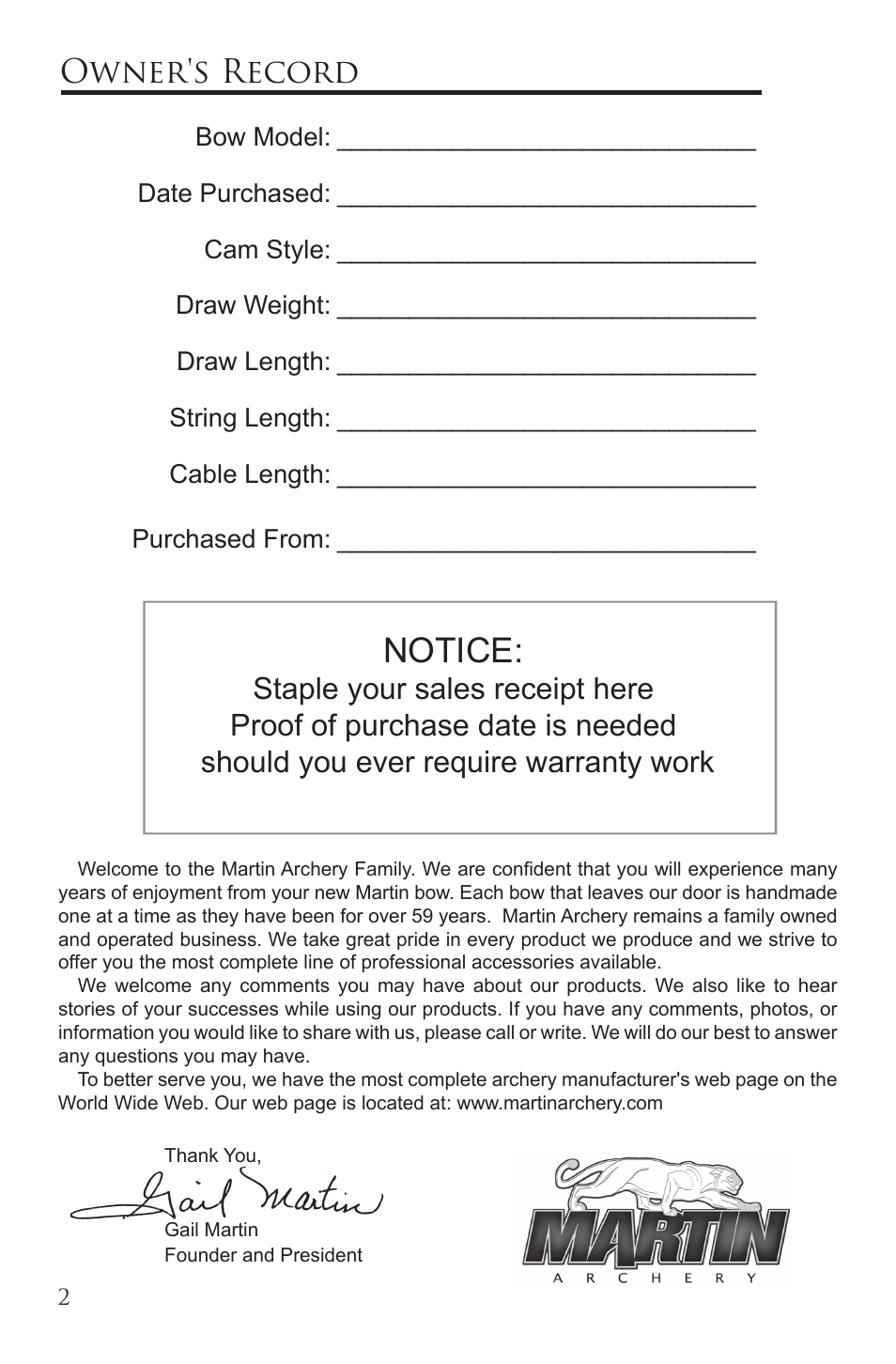 Notice, Owner's record | Martin Archery Martin Compound Bow User Manual | Page 2 / 20