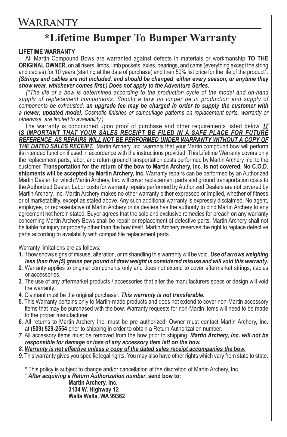 Lifetime bumper to bumper warranty, Warranty | Martin Archery Martin Compound Bow User Manual | Page 20 / 20
