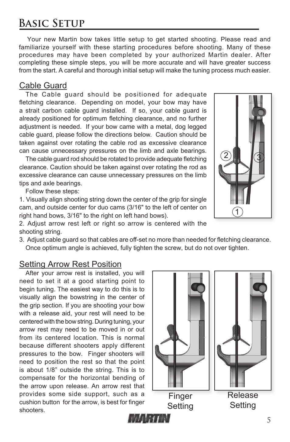 Parts of the bow basic setup, Finger setting release setting, Cable guard | Setting arrow rest position | Martin Archery Martin Compound Bow User Manual | Page 5 / 20